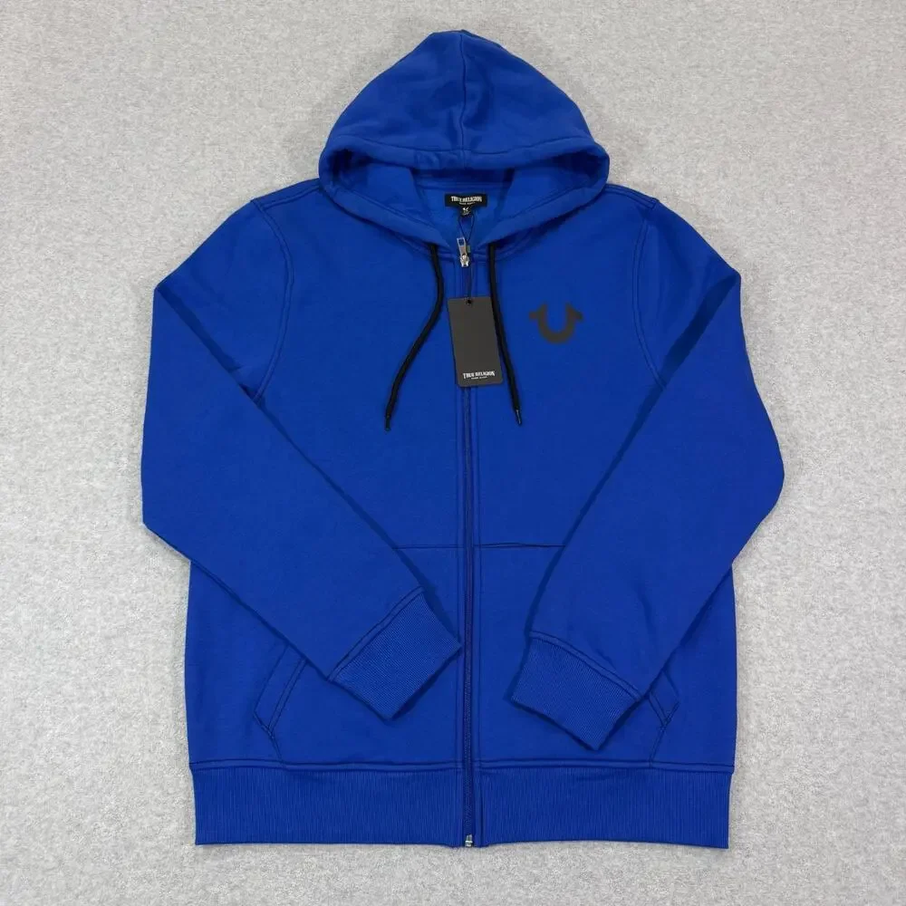 True Religion Mens Contrast TR Zip Hoodie Large L Surf The Web Blue Buddha NWT